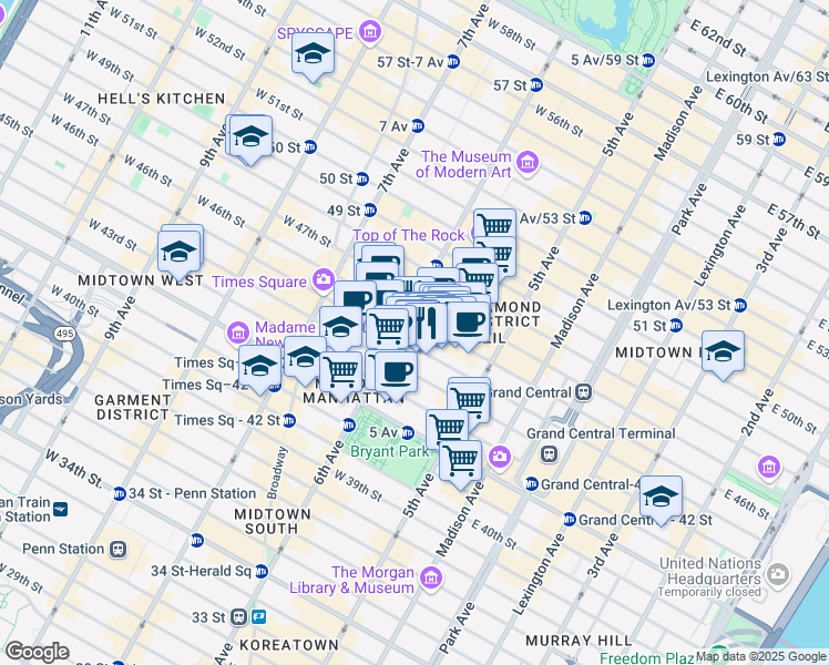 map of restaurants, bars, coffee shops, grocery stores, and more near 1166 6th Avenue in New York