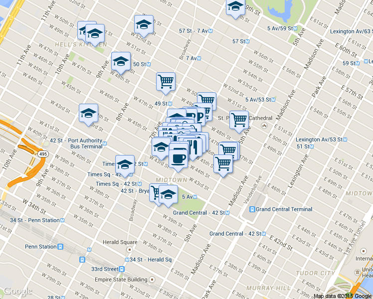 map of restaurants, bars, coffee shops, grocery stores, and more near in New York