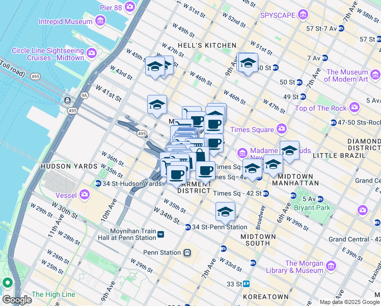 map of restaurants, bars, coffee shops, grocery stores, and more near 510 9th Avenue in New York