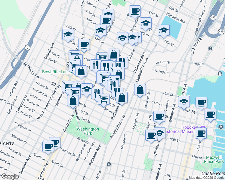 map of restaurants, bars, coffee shops, grocery stores, and more near 703 New York Avenue in Union City