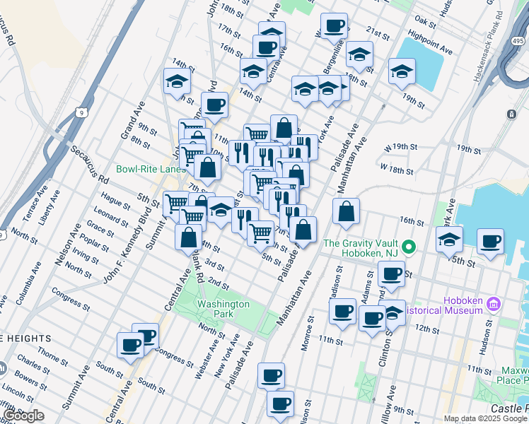 map of restaurants, bars, coffee shops, grocery stores, and more near 703 New York Avenue in Union City