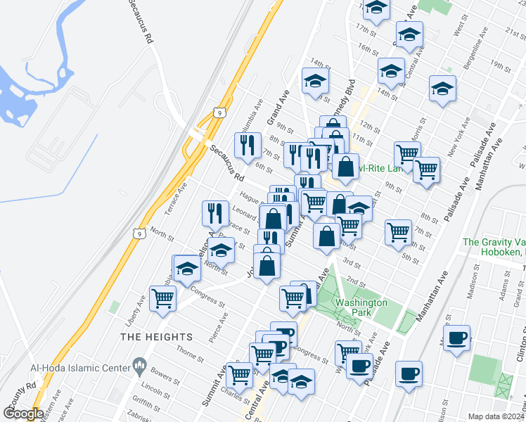 map of restaurants, bars, coffee shops, grocery stores, and more near 96 Leonard Street in Jersey City