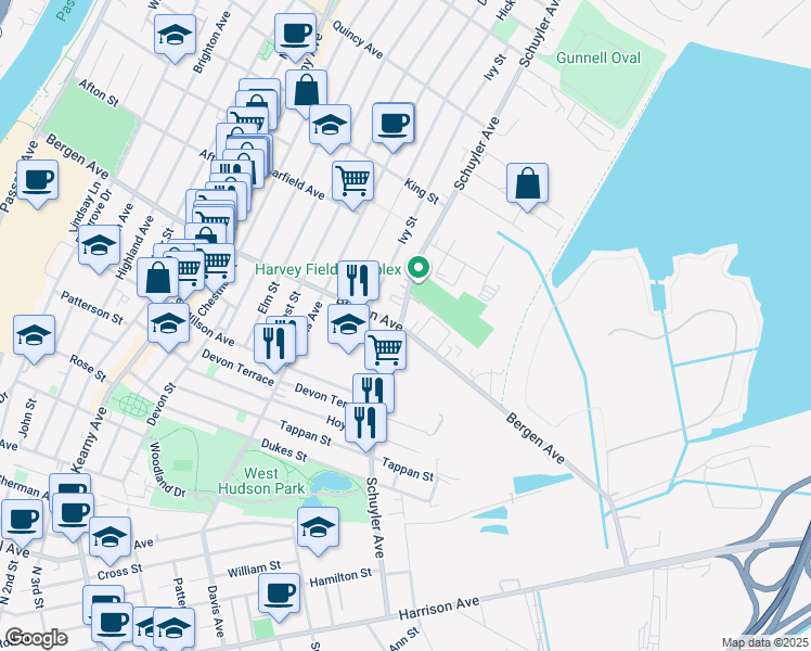 map of restaurants, bars, coffee shops, grocery stores, and more near 217 Schuyler Avenue in Kearny