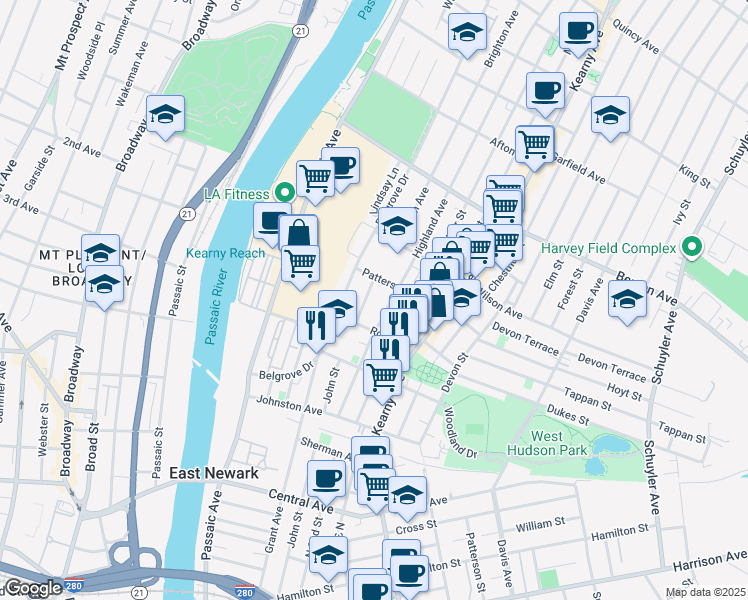 map of restaurants, bars, coffee shops, grocery stores, and more near 101 Highland Avenue in Kearny