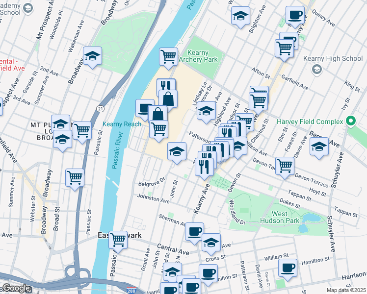 map of restaurants, bars, coffee shops, grocery stores, and more near 12 Rose Street in Kearny