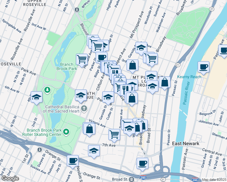 map of restaurants, bars, coffee shops, grocery stores, and more near 151 Garside Street in Newark