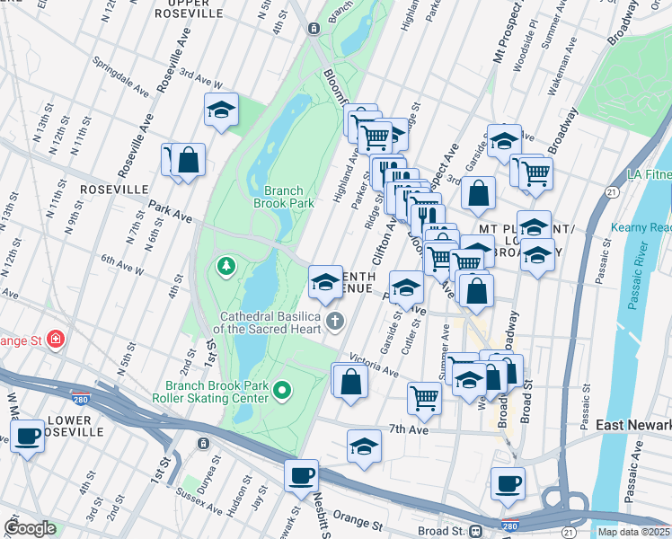 map of restaurants, bars, coffee shops, grocery stores, and more near 105 Park Avenue in Newark