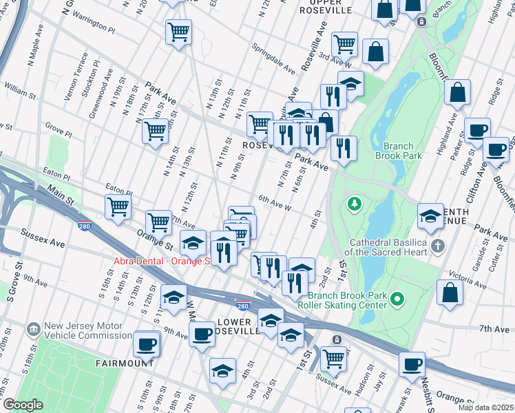 map of restaurants, bars, coffee shops, grocery stores, and more near 169 Roseville Avenue in Newark