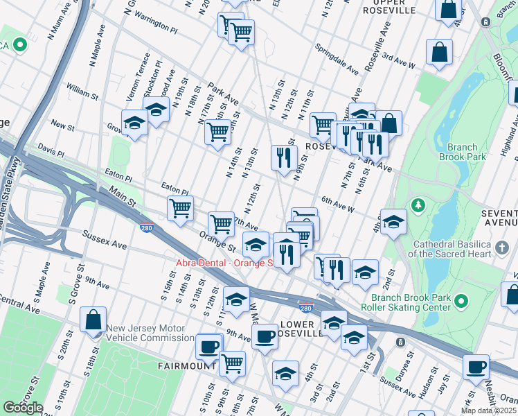 map of restaurants, bars, coffee shops, grocery stores, and more near 45-47 North 11th Street in Newark