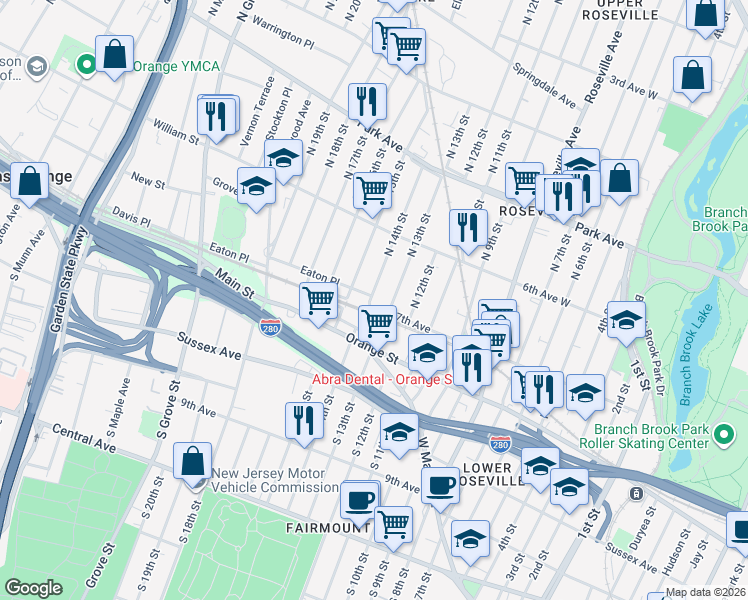 map of restaurants, bars, coffee shops, grocery stores, and more near 7TH Avenue I in Newark