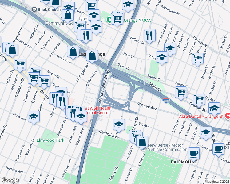 map of restaurants, bars, coffee shops, grocery stores, and more near 20 Hawthorne Avenue in East Orange