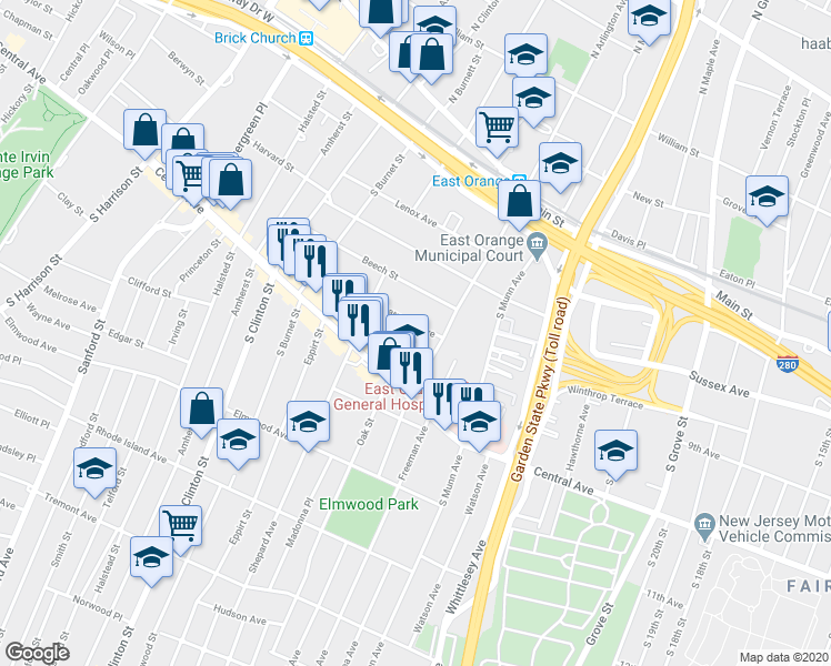 map of restaurants, bars, coffee shops, grocery stores, and more near 22 Nassau Place in East Orange