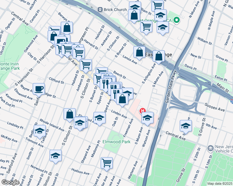 map of restaurants, bars, coffee shops, grocery stores, and more near 376 Central Avenue in East Orange