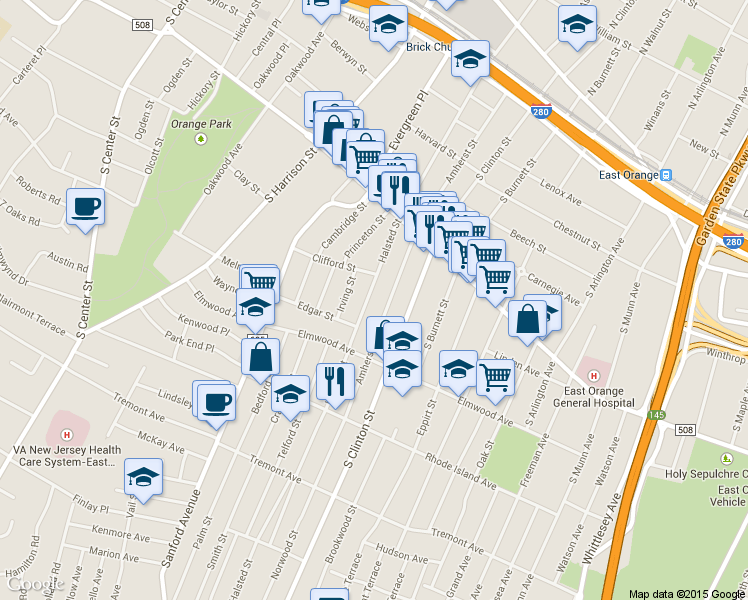 map of restaurants, bars, coffee shops, grocery stores, and more near 259 Amherst Street in East Orange