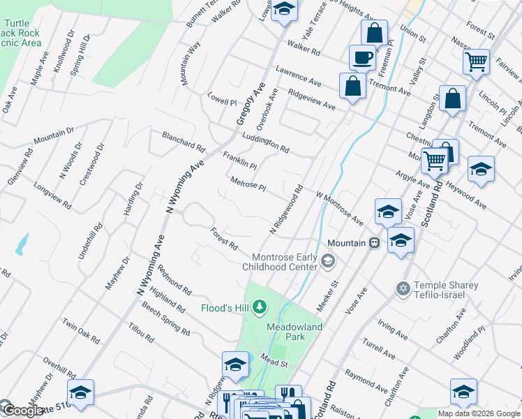 map of restaurants, bars, coffee shops, grocery stores, and more near 17 Glenside Road in South Orange