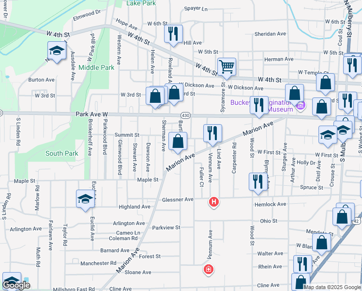 map of restaurants, bars, coffee shops, grocery stores, and more near 86 Bartley Ave in Mansfield