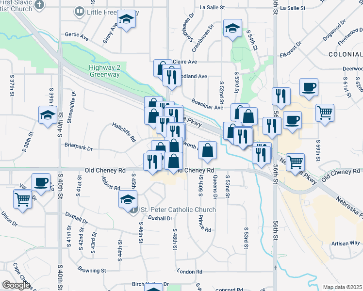 map of restaurants, bars, coffee shops, grocery stores, and more near 5609 South 49th Street in Lincoln