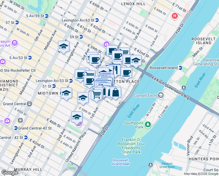 map of restaurants, bars, coffee shops, grocery stores, and more near in New York