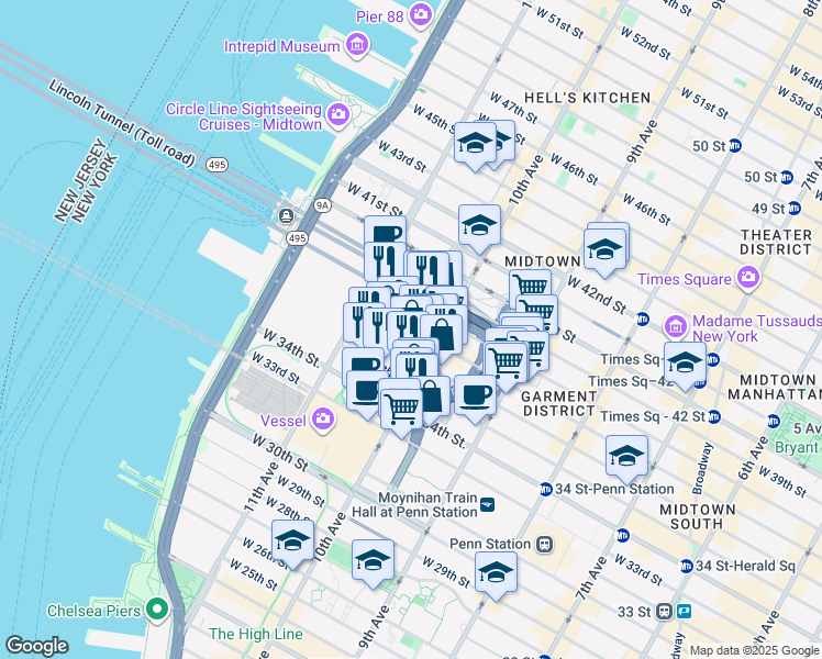 map of restaurants, bars, coffee shops, grocery stores, and more near 517 West 37th Street in New York