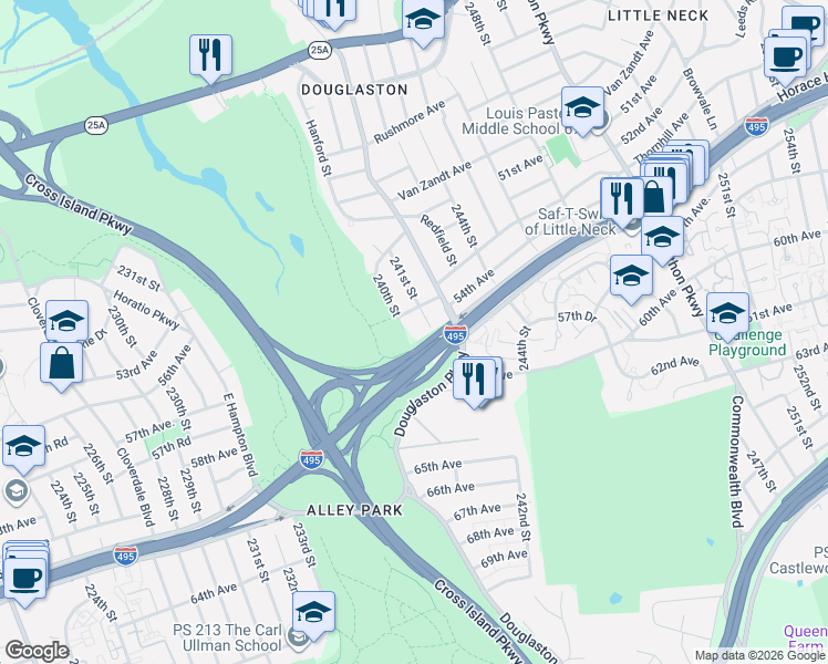 map of restaurants, bars, coffee shops, grocery stores, and more near 53-21 240th Street in Queens
