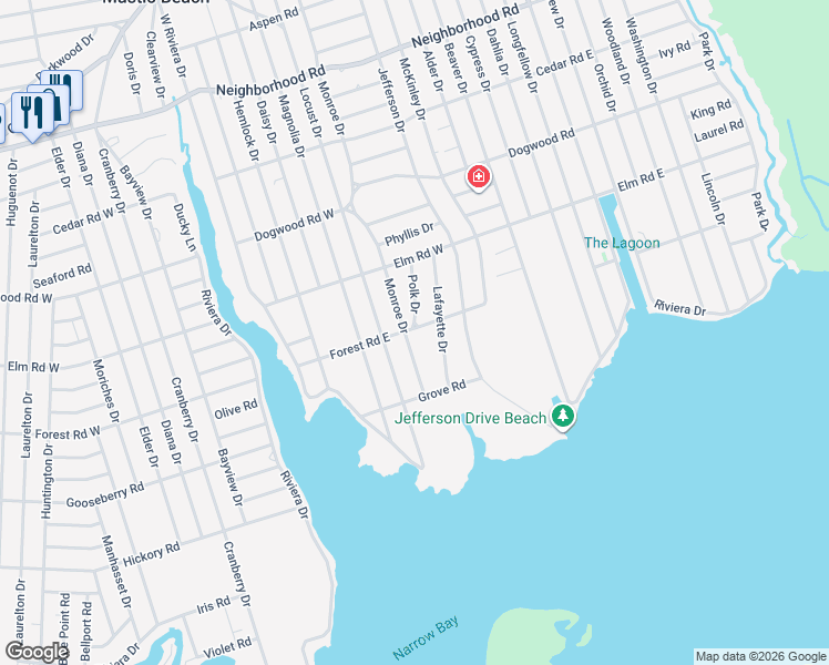 map of restaurants, bars, coffee shops, grocery stores, and more near 80 Lafayette Drive in Mastic Beach