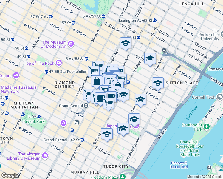 map of restaurants, bars, coffee shops, grocery stores, and more near 569 Lexington Avenue in New York