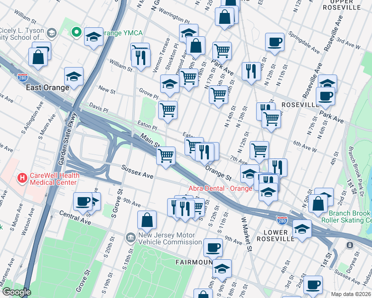 map of restaurants, bars, coffee shops, grocery stores, and more near 44 Doctor Martin Luther King Junior Boulevard in East Orange