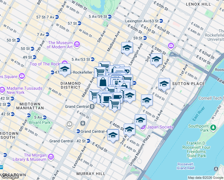 map of restaurants, bars, coffee shops, grocery stores, and more near 566 Lexington Avenue in New York