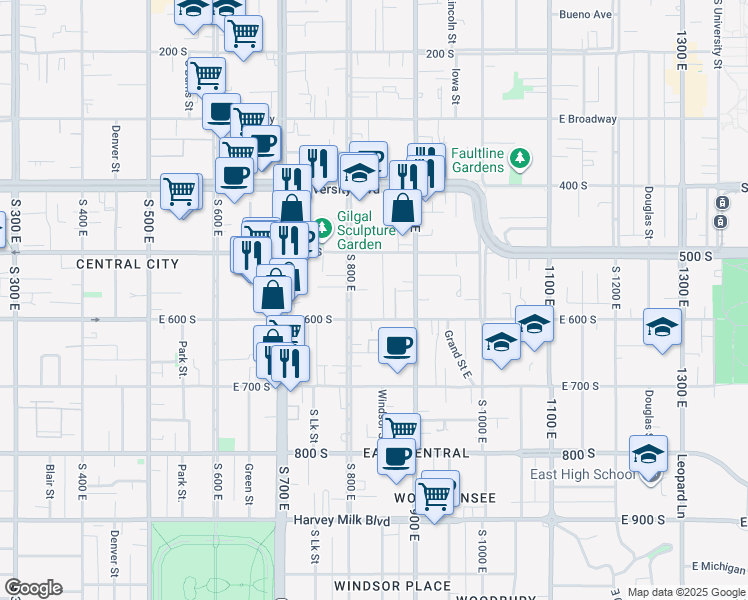 map of restaurants, bars, coffee shops, grocery stores, and more near 833 East 600 South in Salt Lake City