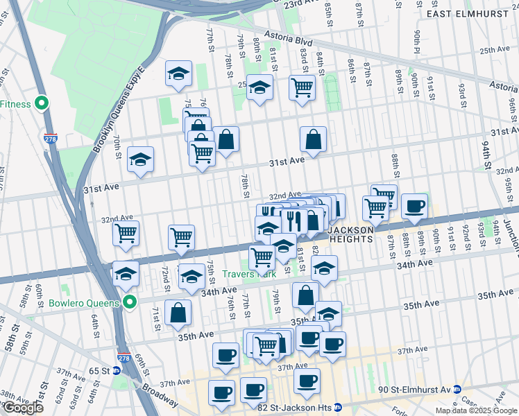 map of restaurants, bars, coffee shops, grocery stores, and more near 32-30 79th Street in Queens