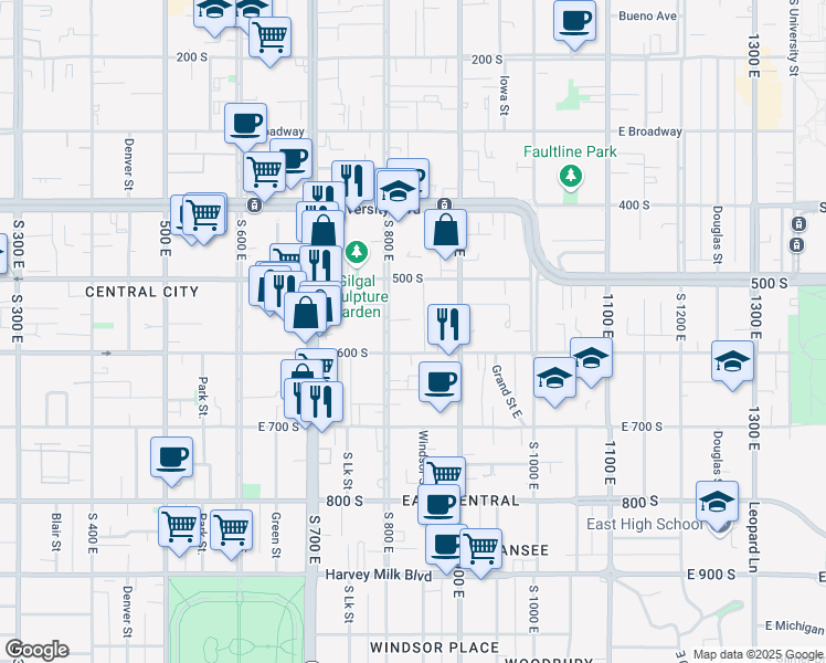map of restaurants, bars, coffee shops, grocery stores, and more near 825-827 East 600 South in Salt Lake City