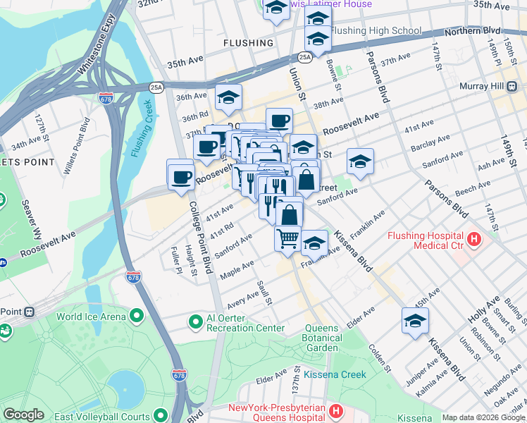 map of restaurants, bars, coffee shops, grocery stores, and more near 136-31 41st Avenue in Queens