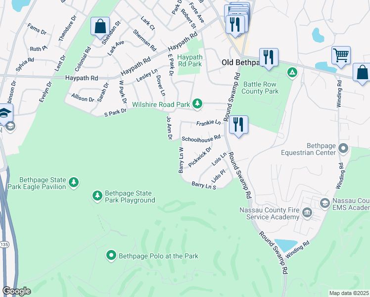 map of restaurants, bars, coffee shops, grocery stores, and more near 10 Stan Court in Old Bethpage