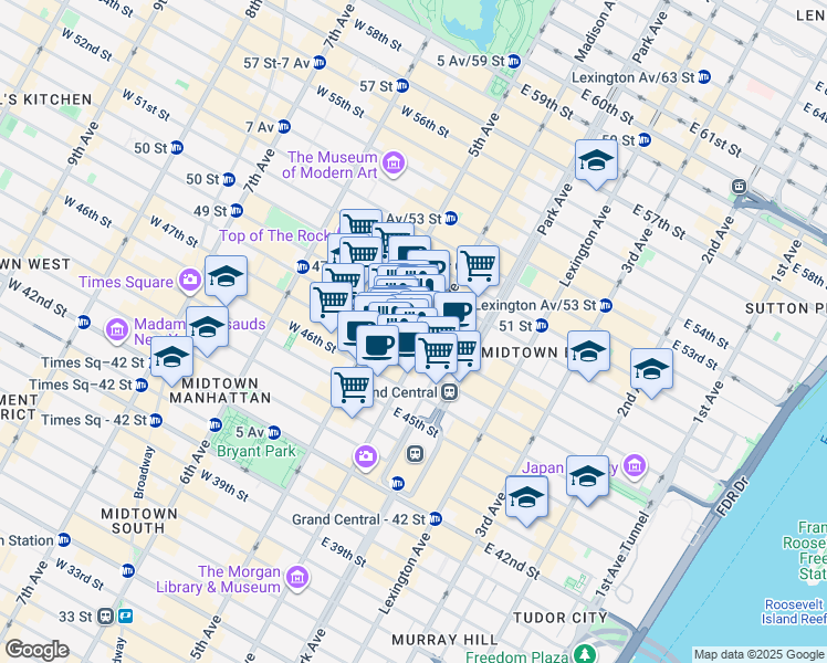 map of restaurants, bars, coffee shops, grocery stores, and more near 589 5th Avenue in New York