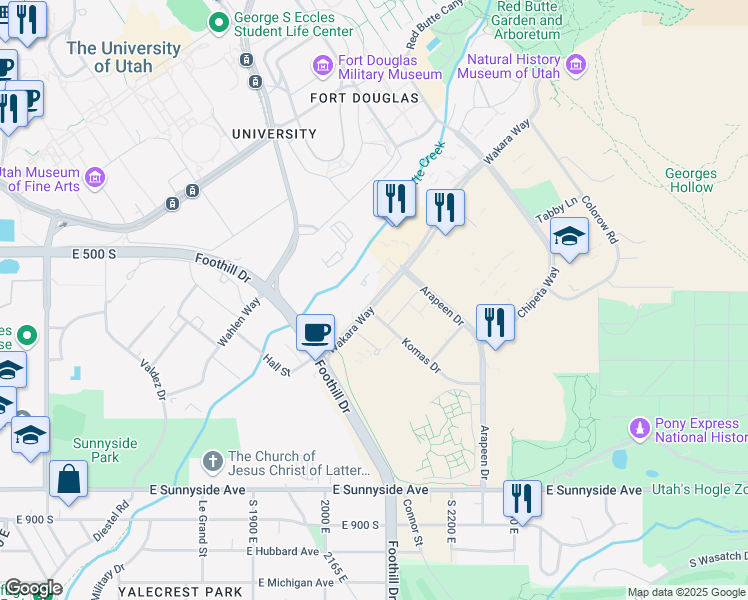 map of restaurants, bars, coffee shops, grocery stores, and more near 520 Wakara Way in Salt Lake City