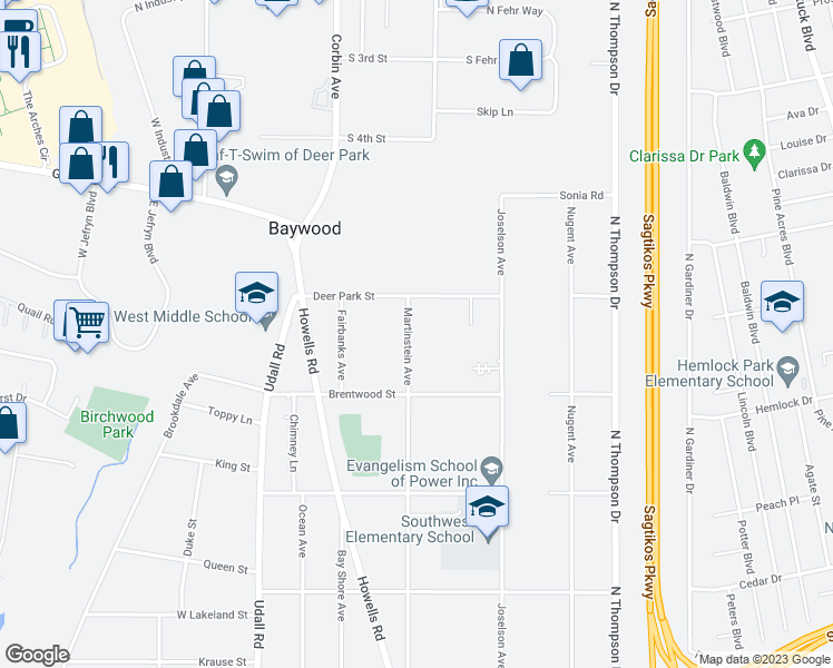 map of restaurants, bars, coffee shops, grocery stores, and more near 1154 Martinstein Avenue in Bay Shore