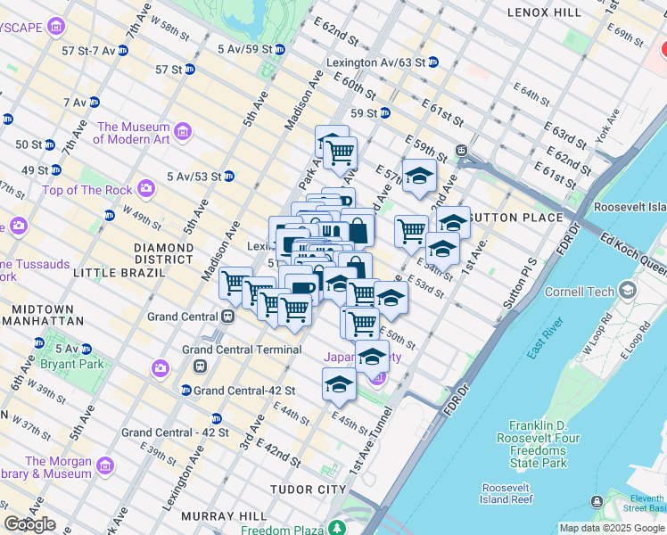 map of restaurants, bars, coffee shops, grocery stores, and more near 850 3rd Avenue in New York