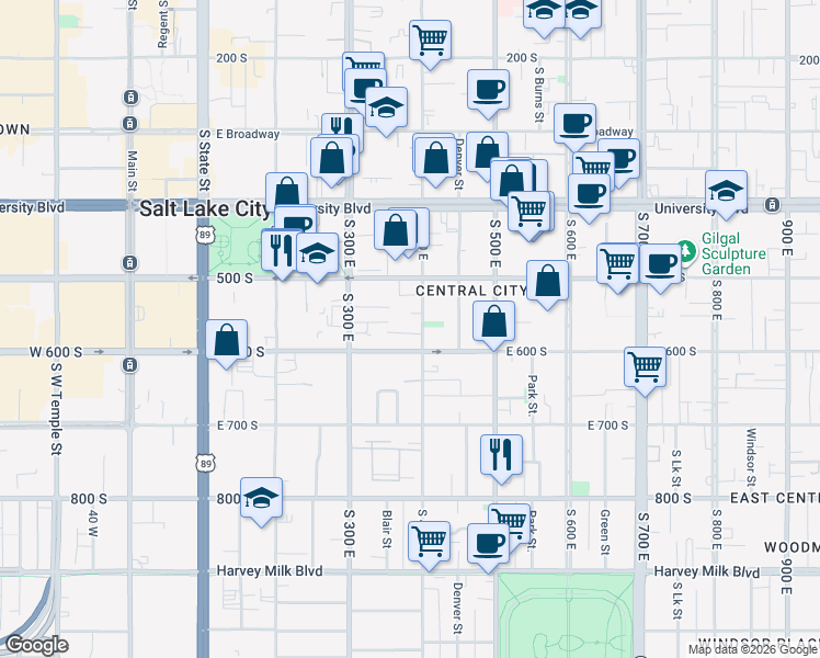 map of restaurants, bars, coffee shops, grocery stores, and more near 550 South 400 East in Salt Lake City