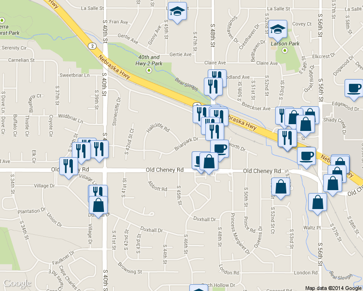 map of restaurants, bars, coffee shops, grocery stores, and more near 4601 Briarpark Drive in Lincoln