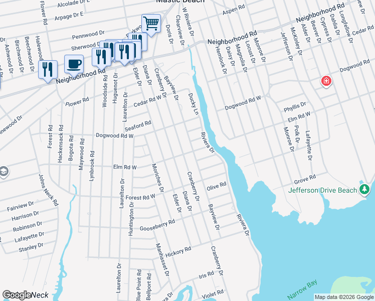 map of restaurants, bars, coffee shops, grocery stores, and more near 130 Cranberry Drive in Mastic Beach