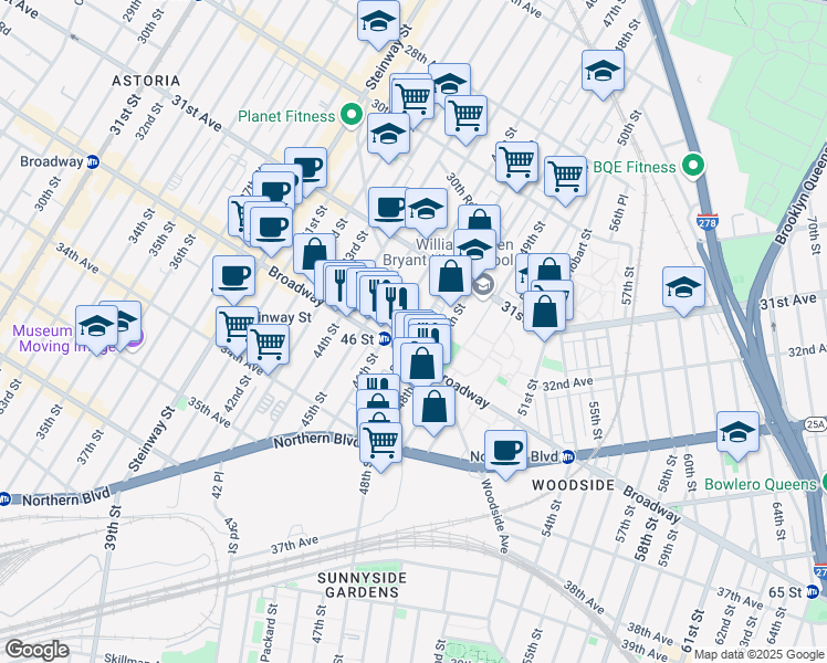 map of restaurants, bars, coffee shops, grocery stores, and more near in Queens