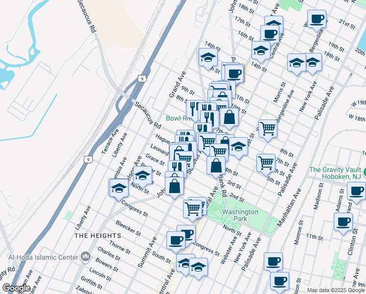 map of restaurants, bars, coffee shops, grocery stores, and more near 57 Hague Street in Jersey City