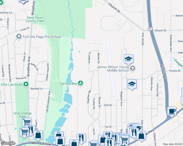 map of restaurants, bars, coffee shops, grocery stores, and more near 100 Stephen Road in Bayport