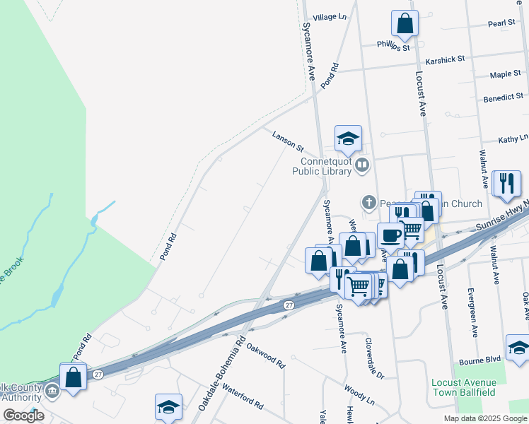map of restaurants, bars, coffee shops, grocery stores, and more near 203 Blake Avenue in Bohemia