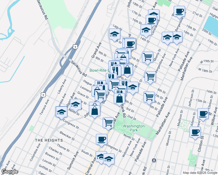 map of restaurants, bars, coffee shops, grocery stores, and more near 1212 Summit Avenue in Jersey City