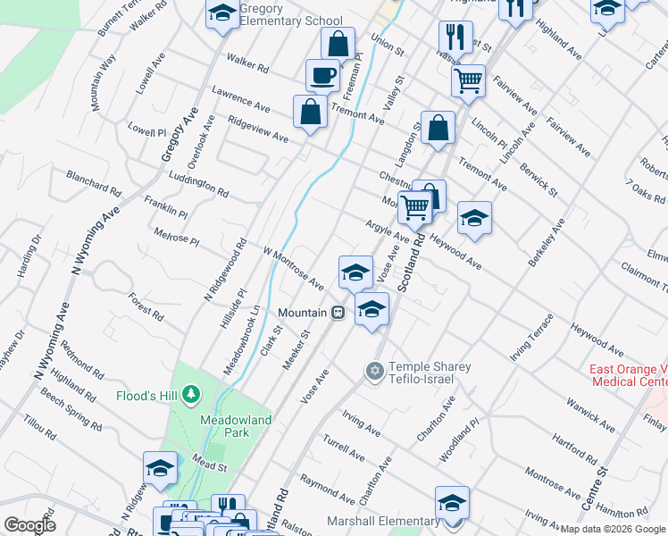 map of restaurants, bars, coffee shops, grocery stores, and more near 8 East Clark Place in South Orange