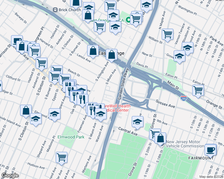 map of restaurants, bars, coffee shops, grocery stores, and more near 40 South Munn Avenue in East Orange