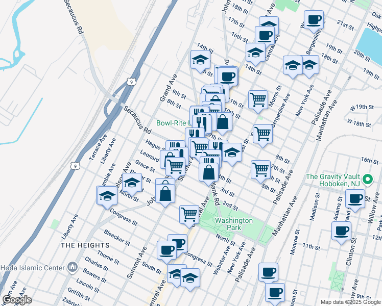 map of restaurants, bars, coffee shops, grocery stores, and more near 1212 Summit Avenue in Jersey City