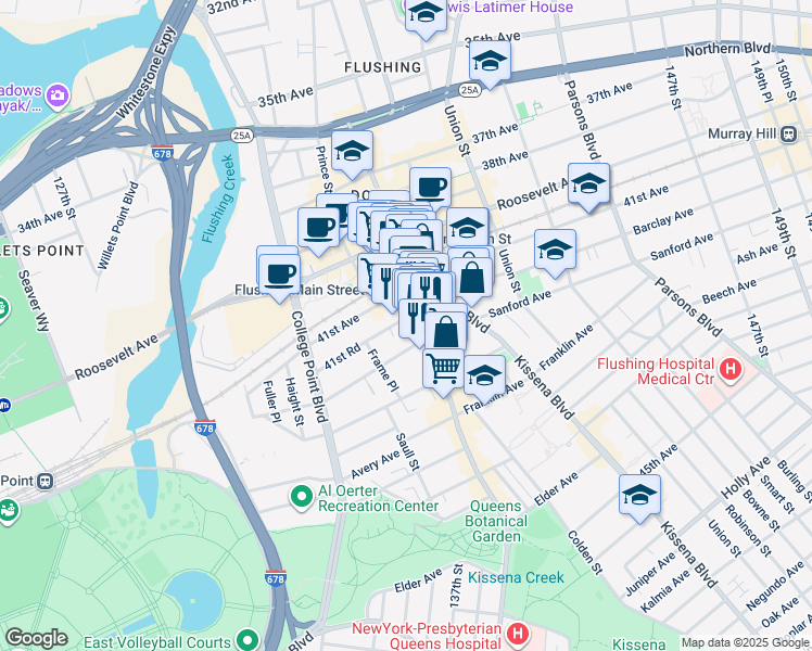 map of restaurants, bars, coffee shops, grocery stores, and more near 136-31 41st Avenue in Queens