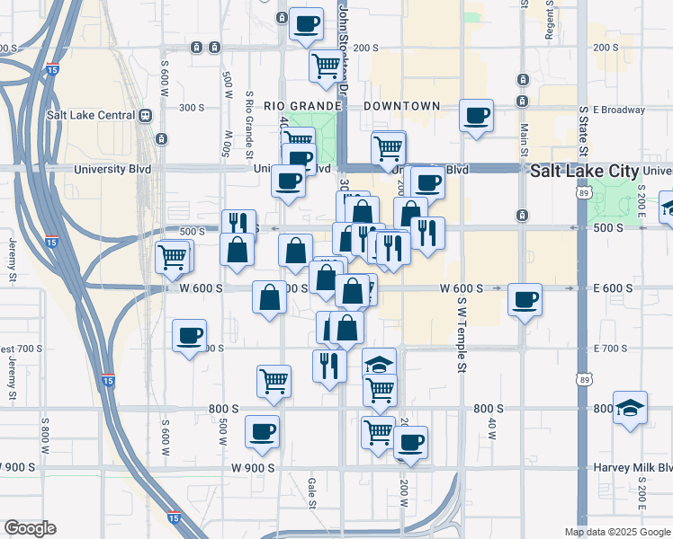 map of restaurants, bars, coffee shops, grocery stores, and more near 568 300 West in Salt Lake City